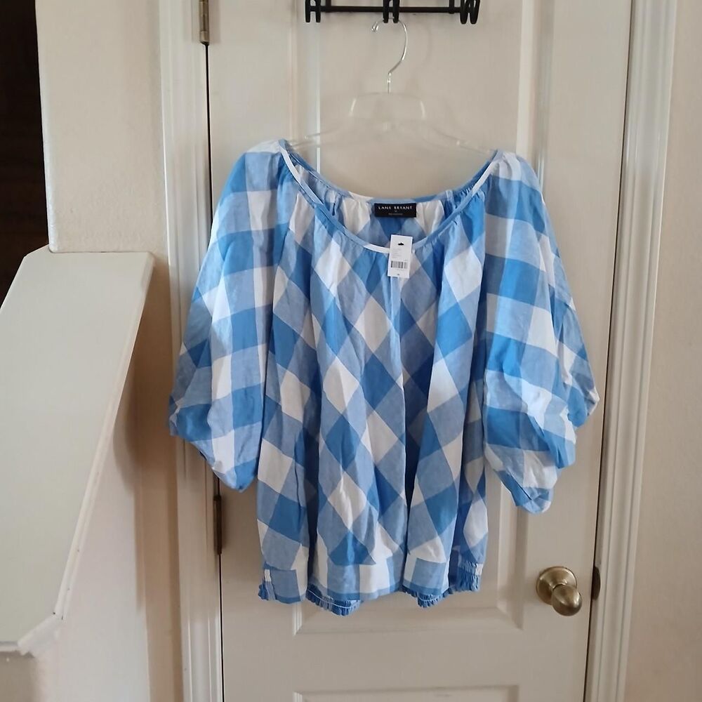 NWT Lane Bryant Gingham Lattice Check Balloon Sleeve Crop Top Linen Blend Sz 28